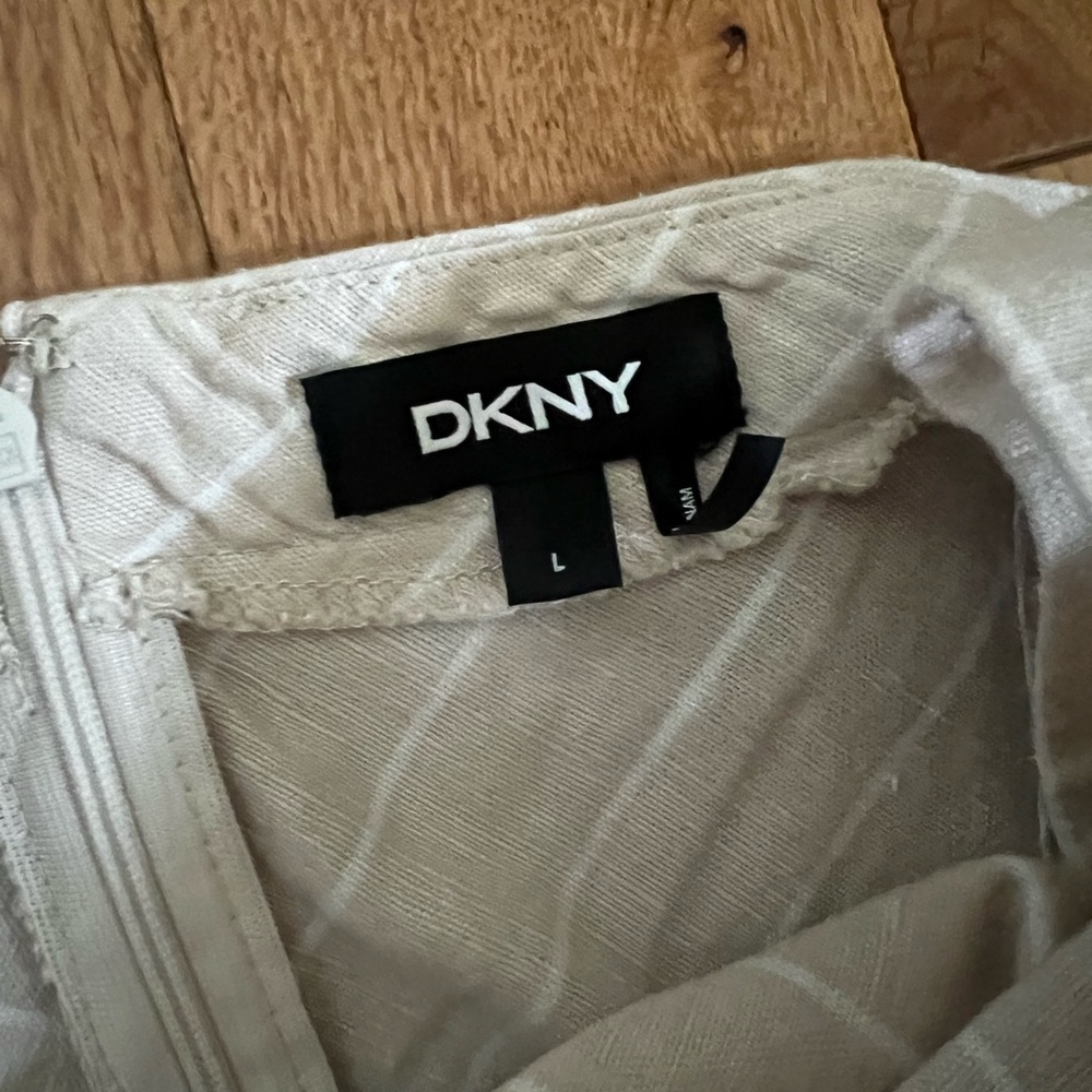 DKNY Large Linen/ cotton Romper. Wrap tie at waist. Wide leg  pin stripe.